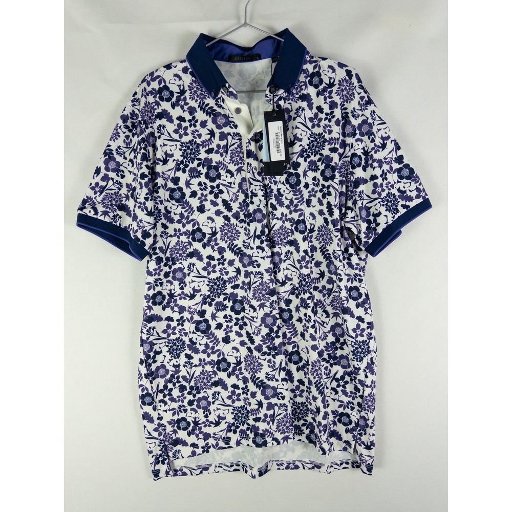 NWT Greyson Floral Golf Polo Shirt Mens L White Navy Blue Country Club Performan